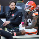 Browns rookie Quinshon Judkins carted off the field vs. Bills with a leg injury