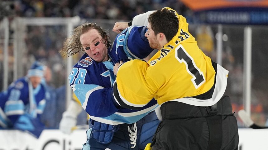 Lightning, Bruins goalies fight during Stadium Series matchup