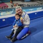 Francesca Lollobrigida hugs her son after winning Italy’s first gold of the Milan Olympics