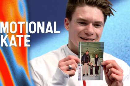 USA's Maxim Naumov skates in memory of his parents