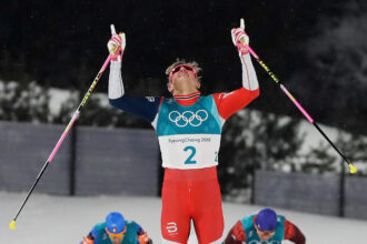 Norwegian cross-country skiing star Klaebo ties Olympic record by winning eighth career gold medal