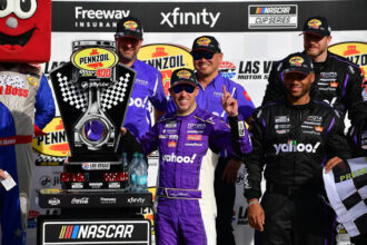 Denny Hamlin storms back to win at Las Vegas after early penalty