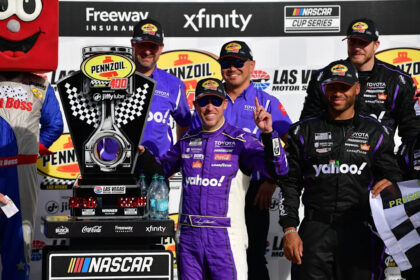 Denny Hamlin storms back to win at Las Vegas after early penalty